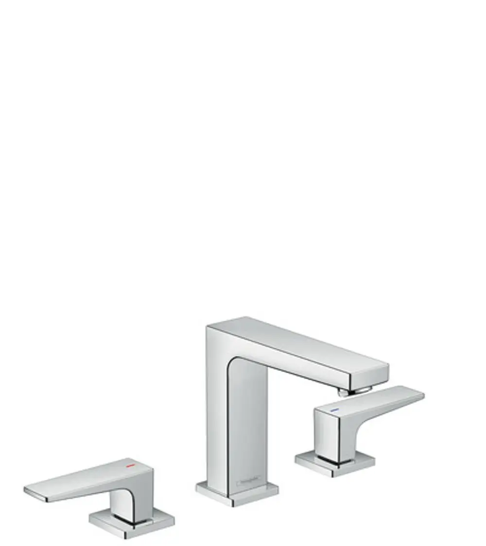 Hansgrohe Waschtischarmatur mit zwei Hebelgriffen und Push-Open Ablaufgarnitur in Chrom. Drei separate Teile in schlichter, geometrischer Form.
